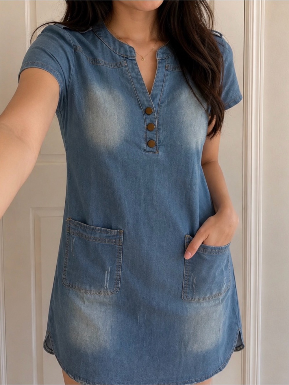 Casual Short Sleeve Denim Tunic Dress - Blue